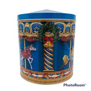 Harry London Blue Embossed Christmas Carousel Tin Holly Wreath Merry Go Round